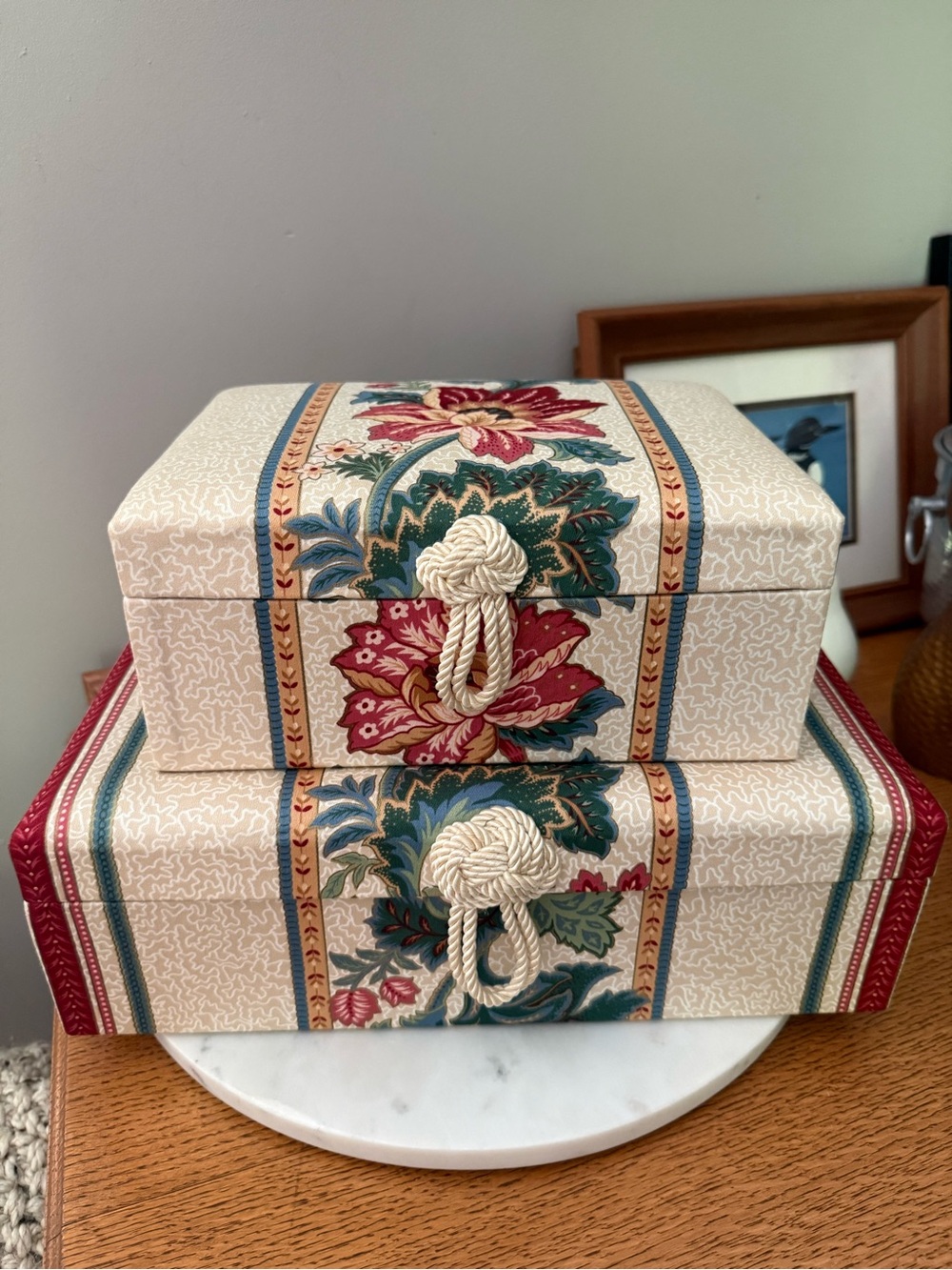 Vintage Rosenthal Fabric covered jewelry boxes photo storage rope detail floral